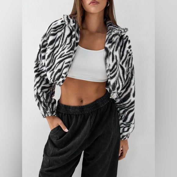 She Wild Jackets & Blazers - Zebra Print Plush Cropped Jacket